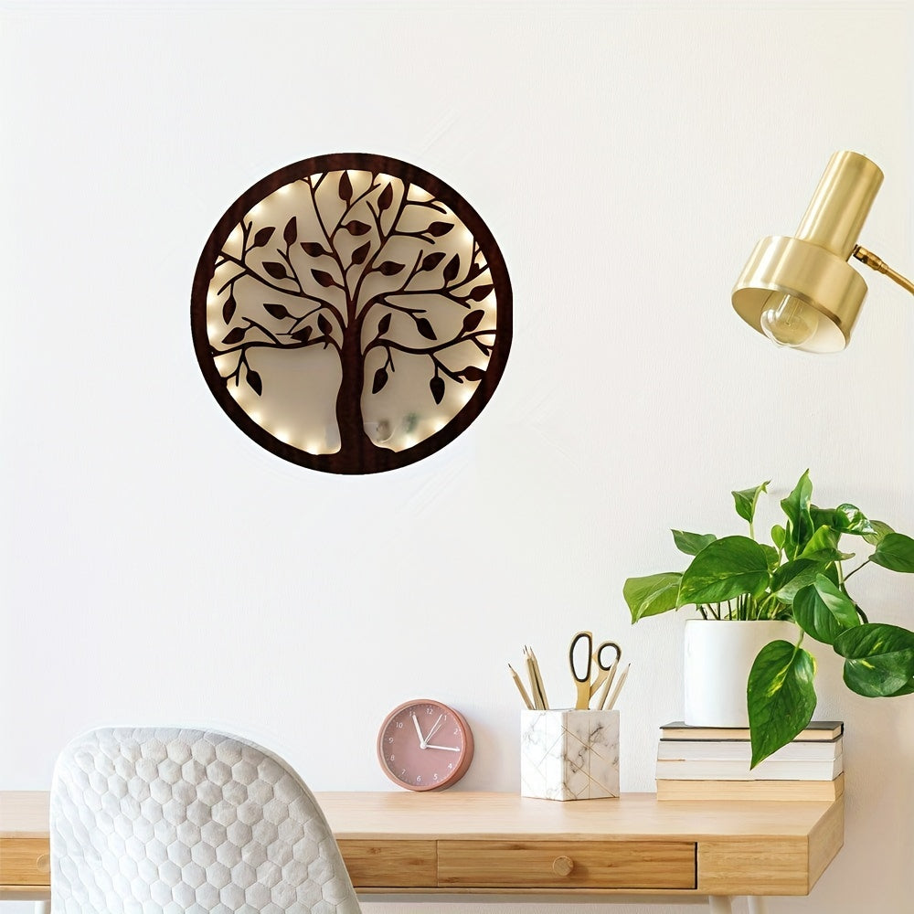 Tree of Life LED Wood Board Decoration - Warm White Night Light with Timer