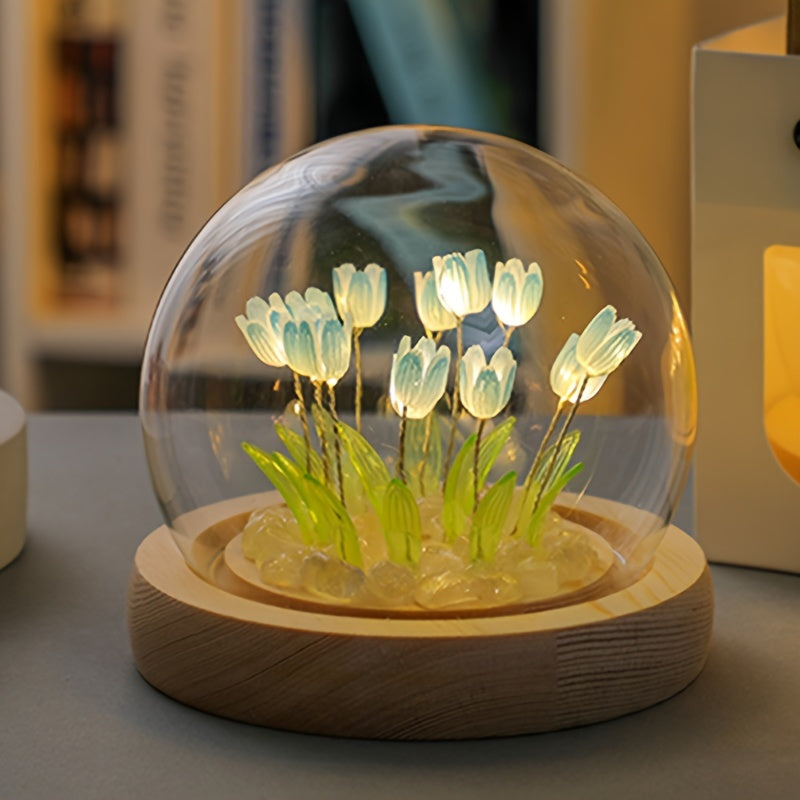 1pc Unique Glass Tulip Night Light - USB Powered, Art Deco Style, Tabletop Decor for Home, Creative Gift for Girls, Besties, and Loved Ones on Valentines Day, Mothers Day, Christmas, and Mid-Autumn Festival