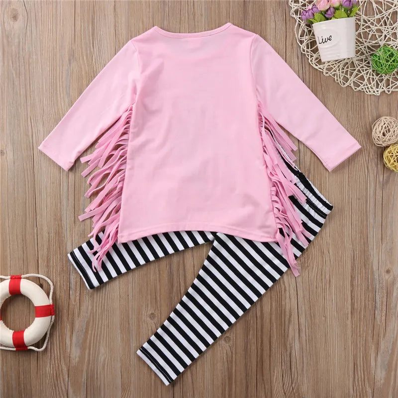 2pcs Autumn Winter Baby Girls Clothes Long Sleeve Feather Kids Tassel Top+Striped Pant Baby Clothing Set - Giftcare