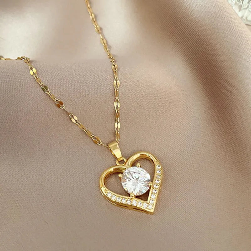 Artificial gems heart Pendant Necklaces for women Golden not fade color Titanium Stainless steel Neck Chain Girl female Jewelry - Giftcare