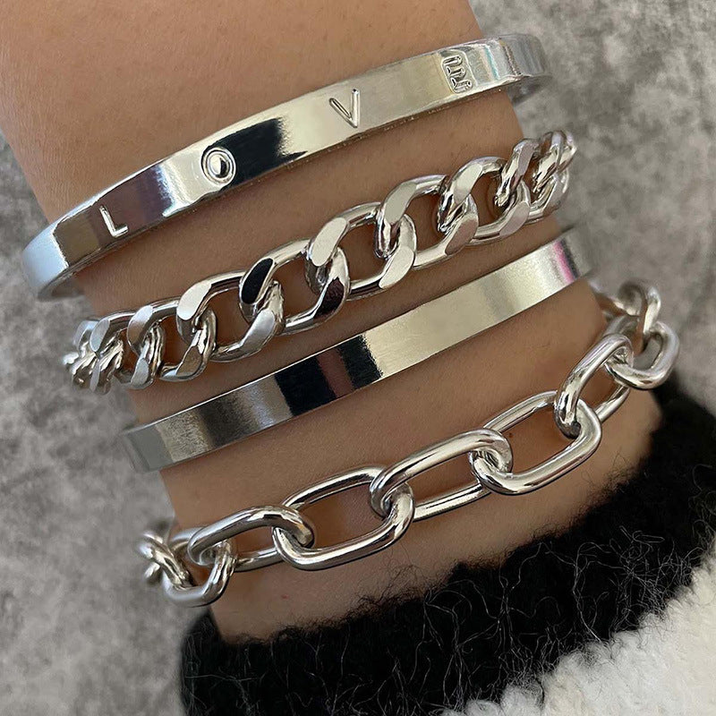 Open Bangle And Glossy Letter Bracelet Set