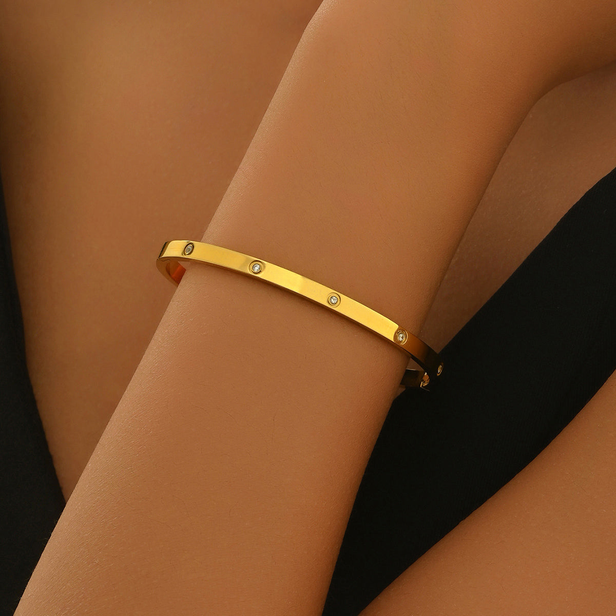 Lxalry 18K Gold Plated Stainless Steel Minimalist Bracelet Hypoallergenic Circle Rhinestone Jewelry Secure Inlay Tarnish Free Design Skin Safe Luxury Gift For Her Golden Hour Glow, Everyday Wear A