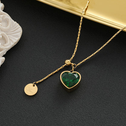 Emerald Diamond Heart Titanium Steel Necklace For Women
