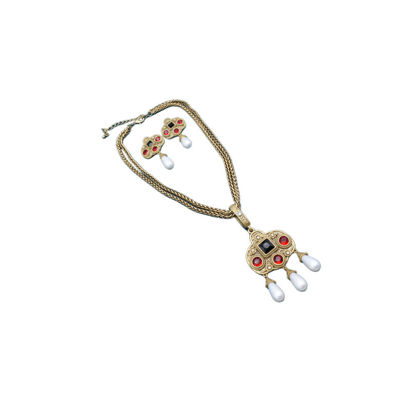 Vintage Glass Inlaid Tassel Pearl Necklace Ear Stud