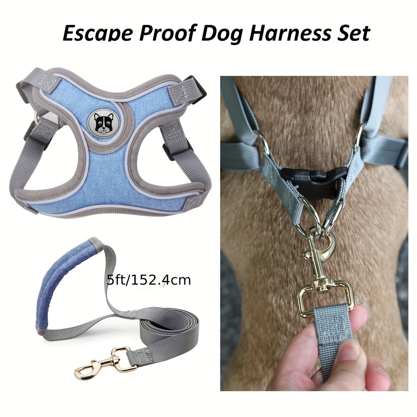 Gray Comfortable Breathable Adjustable Reflective Dog Harness Vest - Polyester, Nighttime Safety Leash Set for Small to Medium Dogs