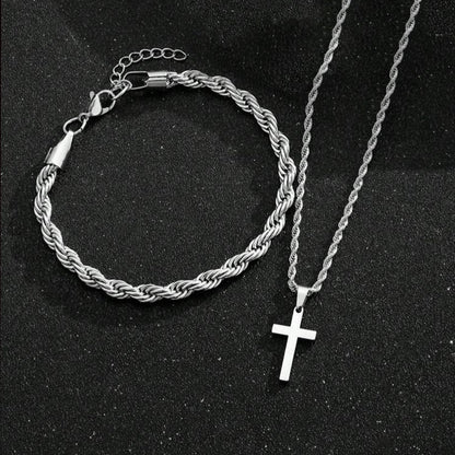 Two-piece Cuban-hair Twist Chain Cross Pendant Bracelet