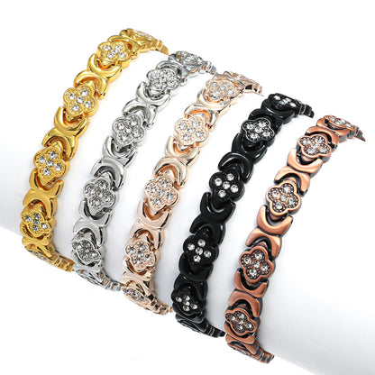 Fashionable, Light-Luxury Lucky Clover Alloy Diamond-Encrusted Single-Row Magnetic Bracelet For Women