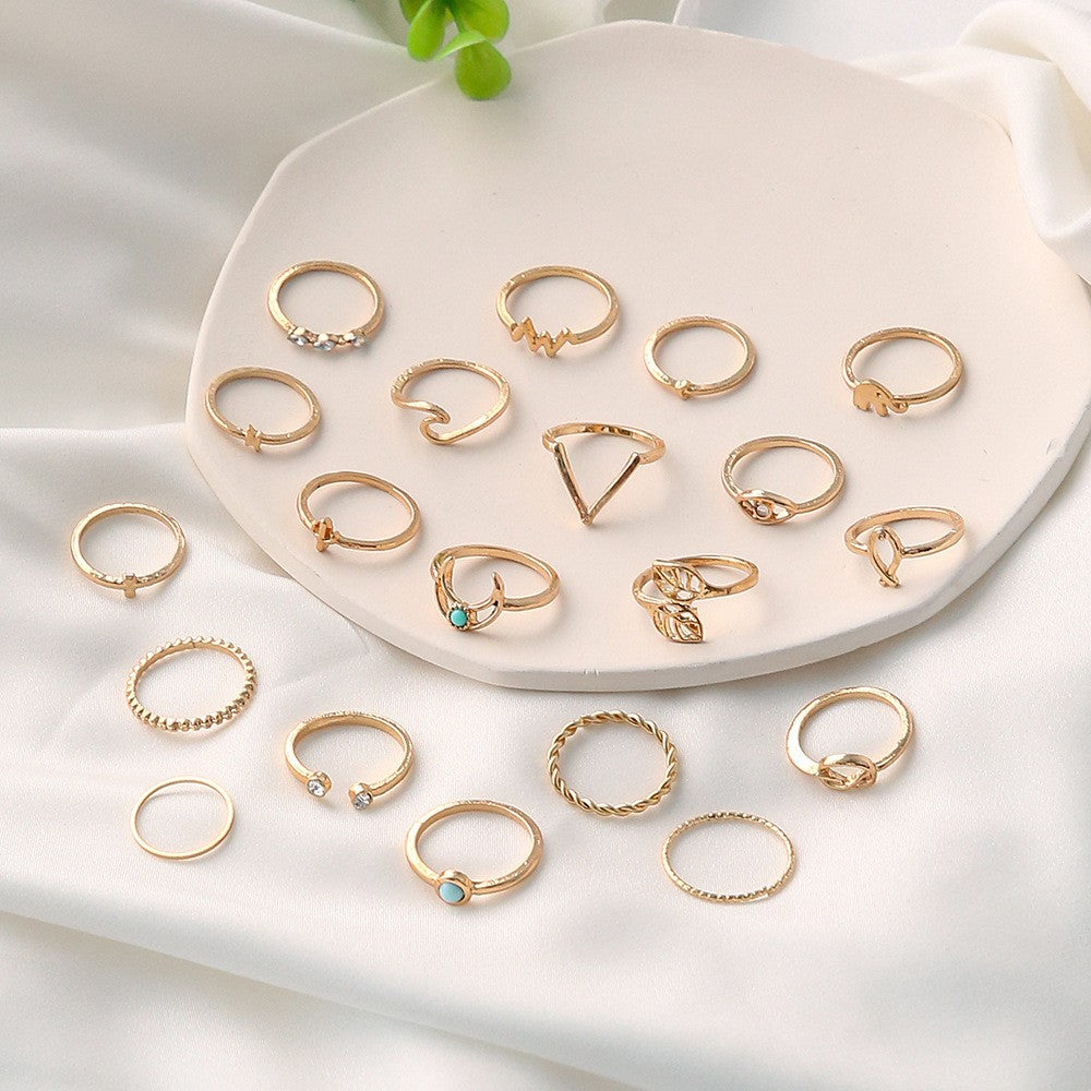 Retro V-shaped Geometric Circle Moon 20-piece Ring Set