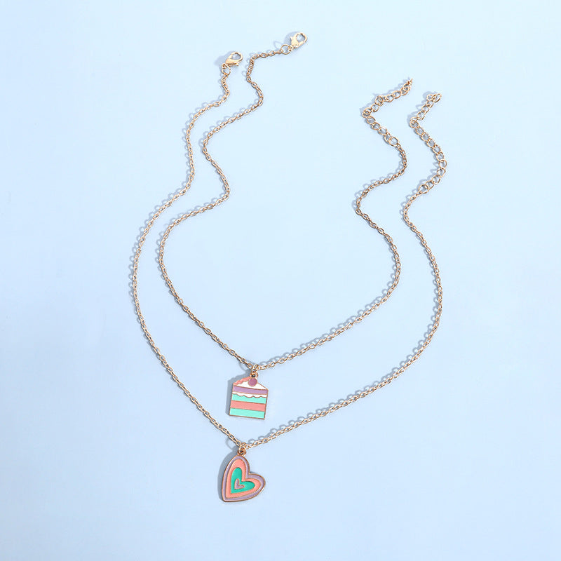 Women Macaron Multi-color Oil Drop Heart Pendant Girl Cute Cake Shape Necklace