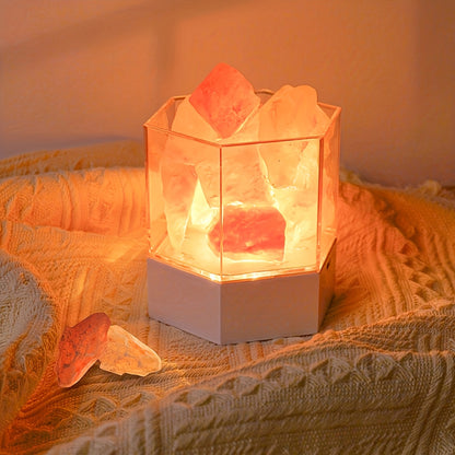1pc Modern Himalayan Salt LED Night Light - USB-Powered Crystal Lamp with Warm Glow, Decorative Rock Salt Effect for Bedroom, Meditation & Home Ambiance, Includes Wooden Base & Adjustable Brightness, Lamp for Bedroom