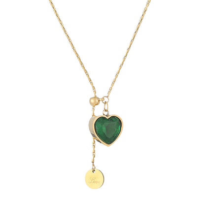 Emerald Diamond Heart Titanium Steel Necklace For Women