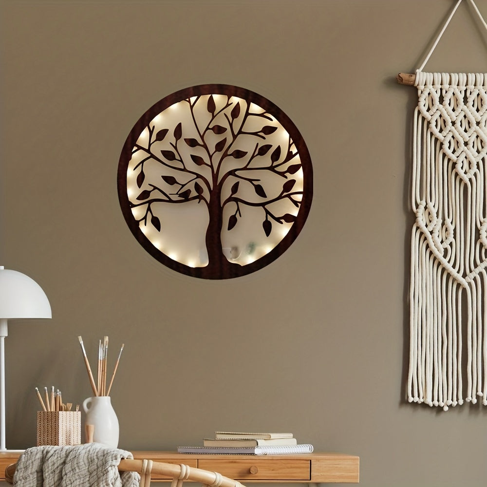 Tree of Life LED Wood Board Decoration - Warm White Night Light with Timer