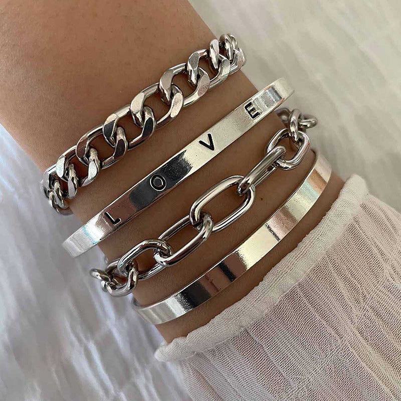 Open Bangle And Glossy Letter Bracelet Set