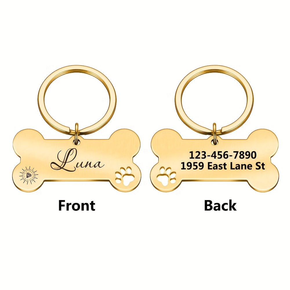 Custom Engraved Silvery Rose Golden Black Stainless Steel Dog Tag - Personalized Dog ID Tag for Dogs Collar - Bone Shaped Dog Name Tag