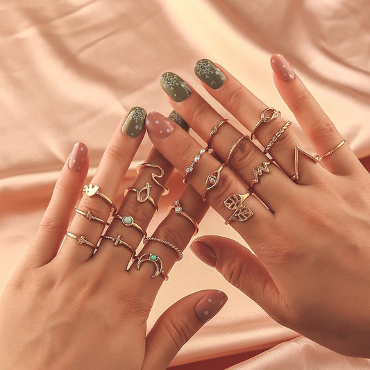 Retro V-shaped Geometric Circle Moon 20-piece Ring Set