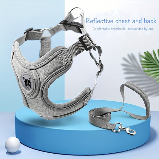 Gray Comfortable Breathable Adjustable Reflective Dog Harness Vest - Polyester, Nighttime Safety Leash Set for Small to Medium Dogs