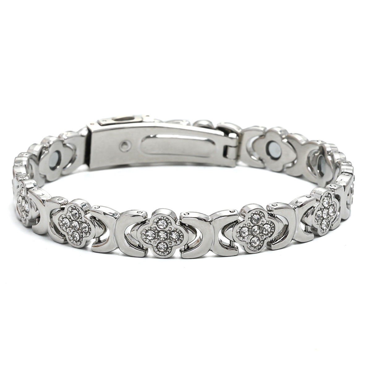 Fashionable, Light-Luxury Lucky Clover Alloy Diamond-Encrusted Single-Row Magnetic Bracelet For Women
