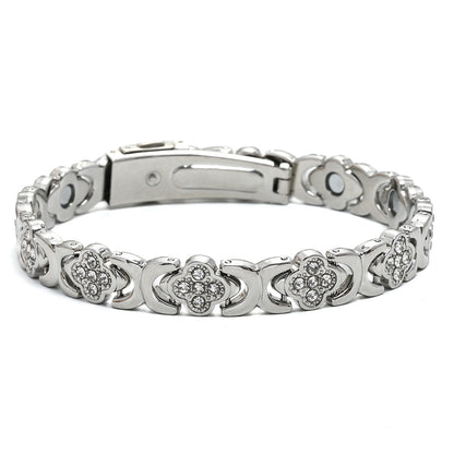 Fashionable, Light-Luxury Lucky Clover Alloy Diamond-Encrusted Single-Row Magnetic Bracelet For Women