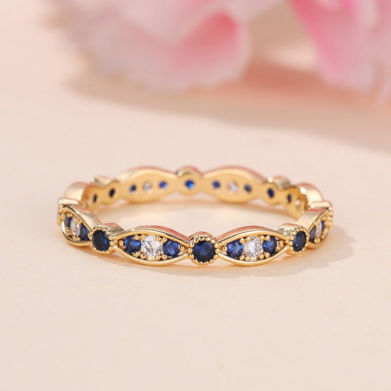 Golden Royal Blue Diamond-Edged White Diamond Light Luxury Women's Ring