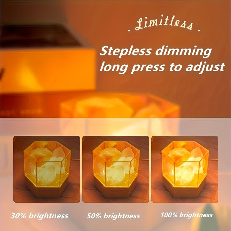 1pc Modern Himalayan Salt LED Night Light - USB-Powered Crystal Lamp with Warm Glow, Decorative Rock Salt Effect for Bedroom, Meditation & Home Ambiance, Includes Wooden Base & Adjustable Brightness, Lamp for Bedroom