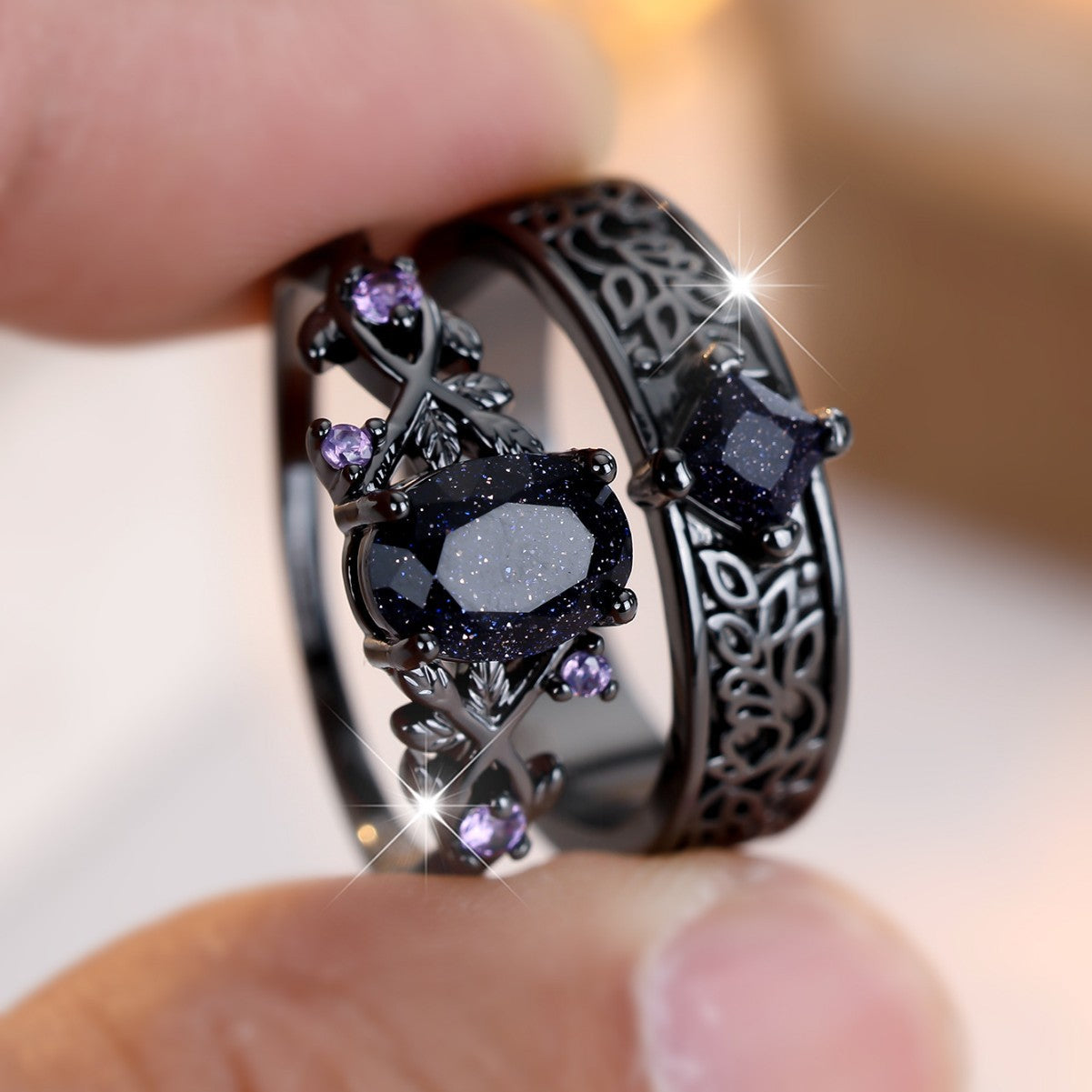 Black Gold Egg-shaped Blue Crystal Sand Ring Niche And Distinctive
