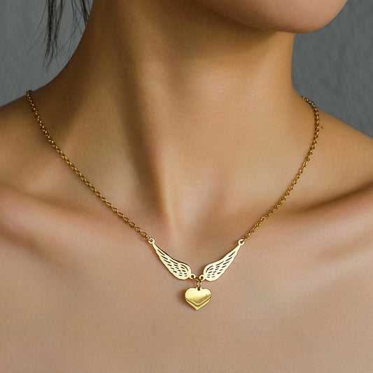 Laser-engraved Hollowed-out Wing Heart Pendant Necklace