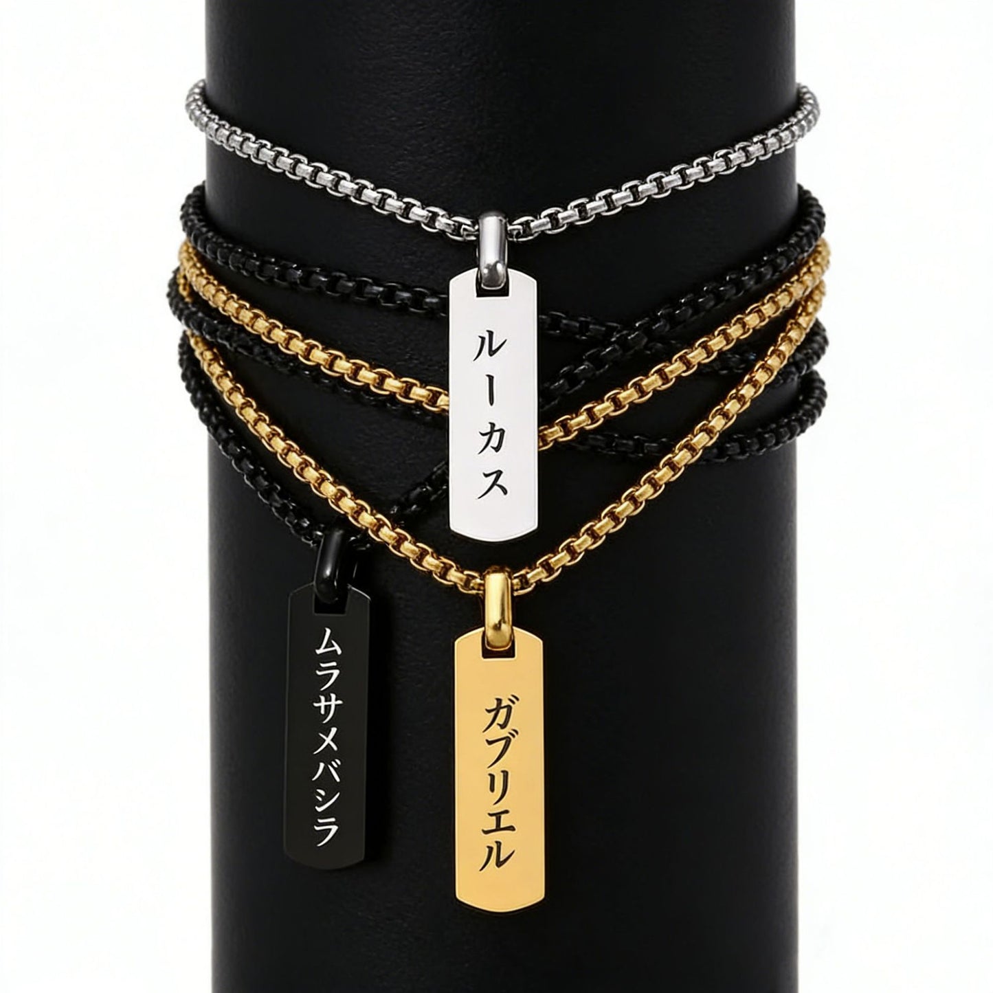 18k Gold Stainless Steel Engraved Three-dimensional Rectangular Bar Pendant Necklace