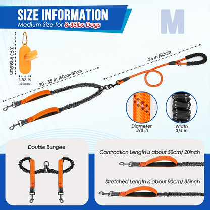 Reflective Dual Dog Leash - Tangle-Free 360° Swivel Leash for Large Dogs with Two Handles and Shock Absorbing Technology for Walking and Training