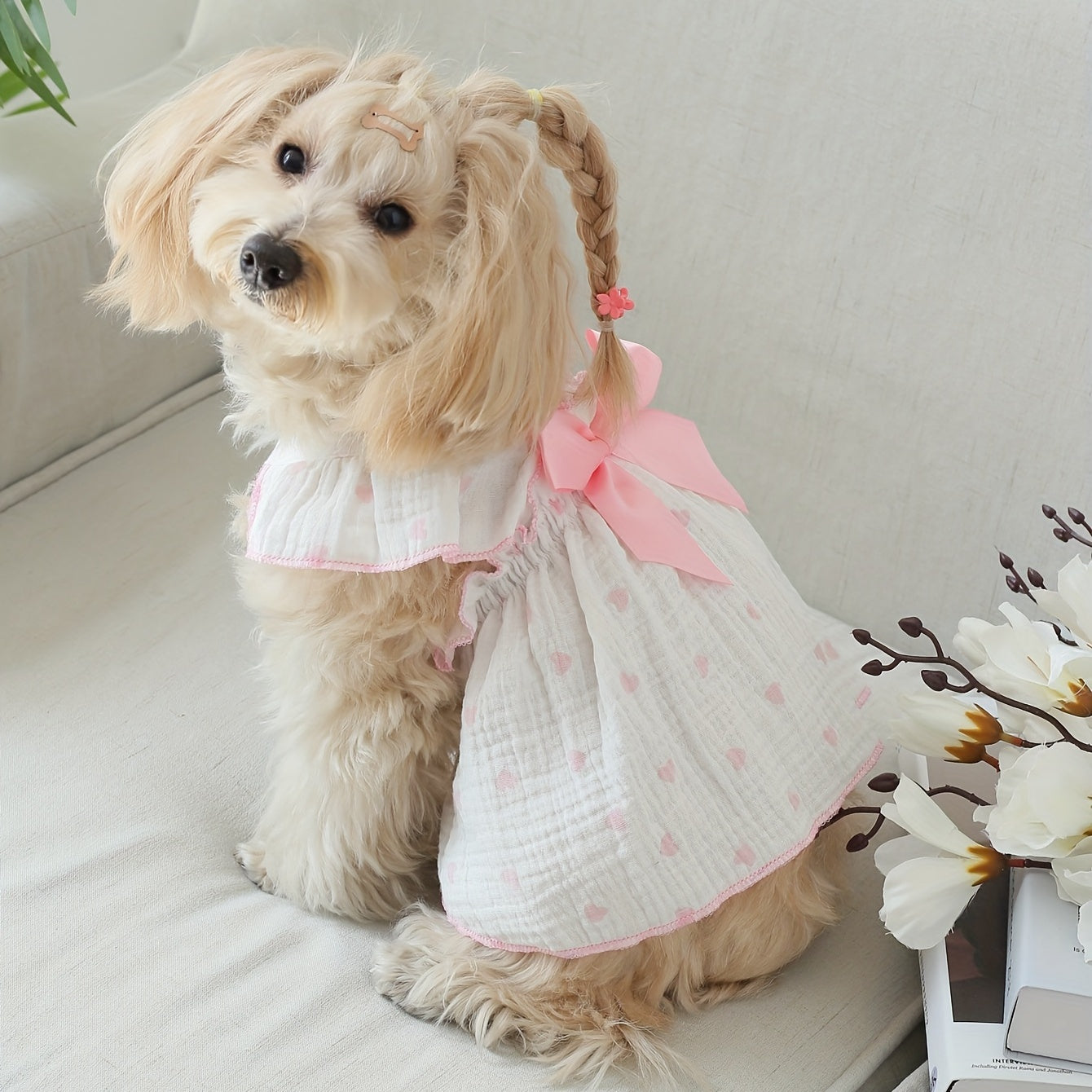 Cute Heart Print Dog Cat Dress with Bow Decoration - Perfect for Birthdays and Holidays - Ideal for Small, Medium, and Large Dogs and Kittens