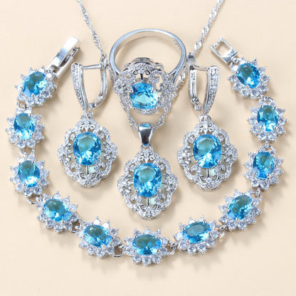 Garnet Cubic Zirconia Earrings Pendant Necklace Bracelet Ring Gift 4 PCs Set