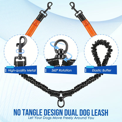 Reflective Dual Dog Leash - Tangle-Free 360° Swivel Leash for Large Dogs with Two Handles and Shock Absorbing Technology for Walking and Training