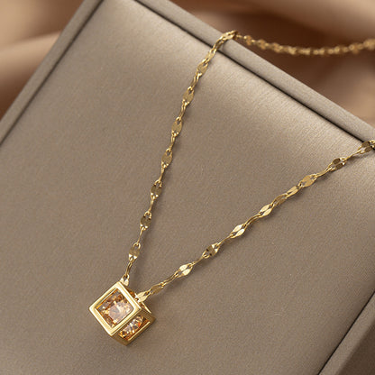 Geometric Hollow Square Zircon Rose Gold Minimalist Necklace