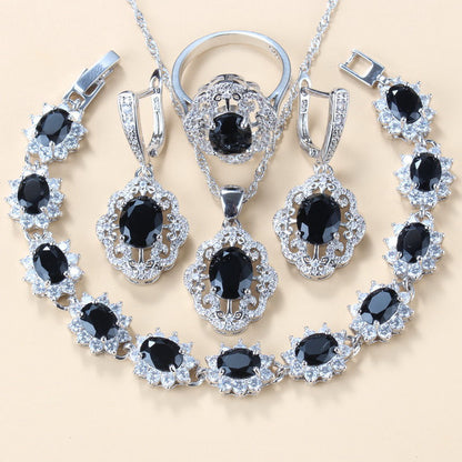Garnet Cubic Zirconia Earrings Pendant Necklace Bracelet Ring Gift 4 PCs Set