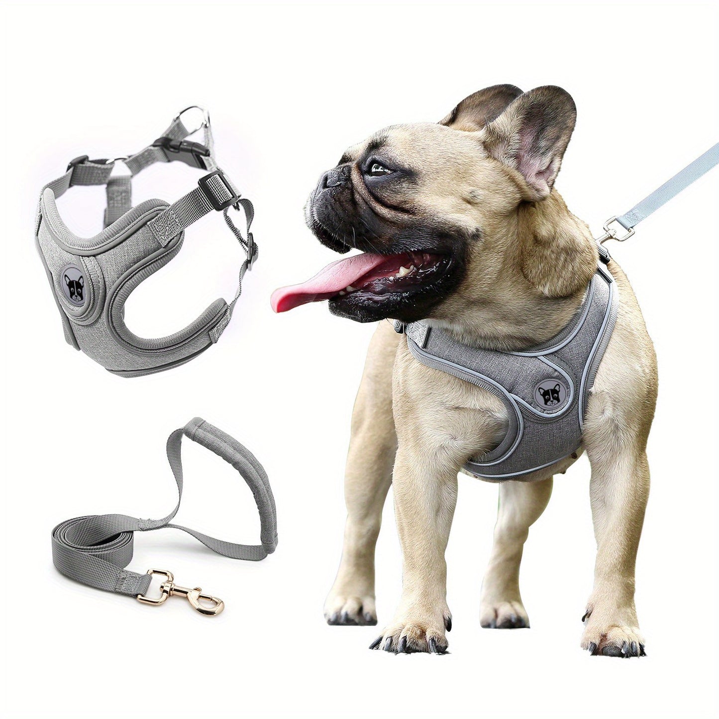 Gray Comfortable Breathable Adjustable Reflective Dog Harness Vest - Polyester, Nighttime Safety Leash Set for Small to Medium Dogs