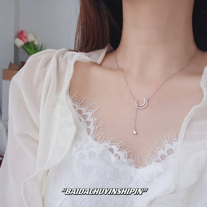 Niche Minimalist 925 Sterling Silver Moon And Star Tassel Necklace