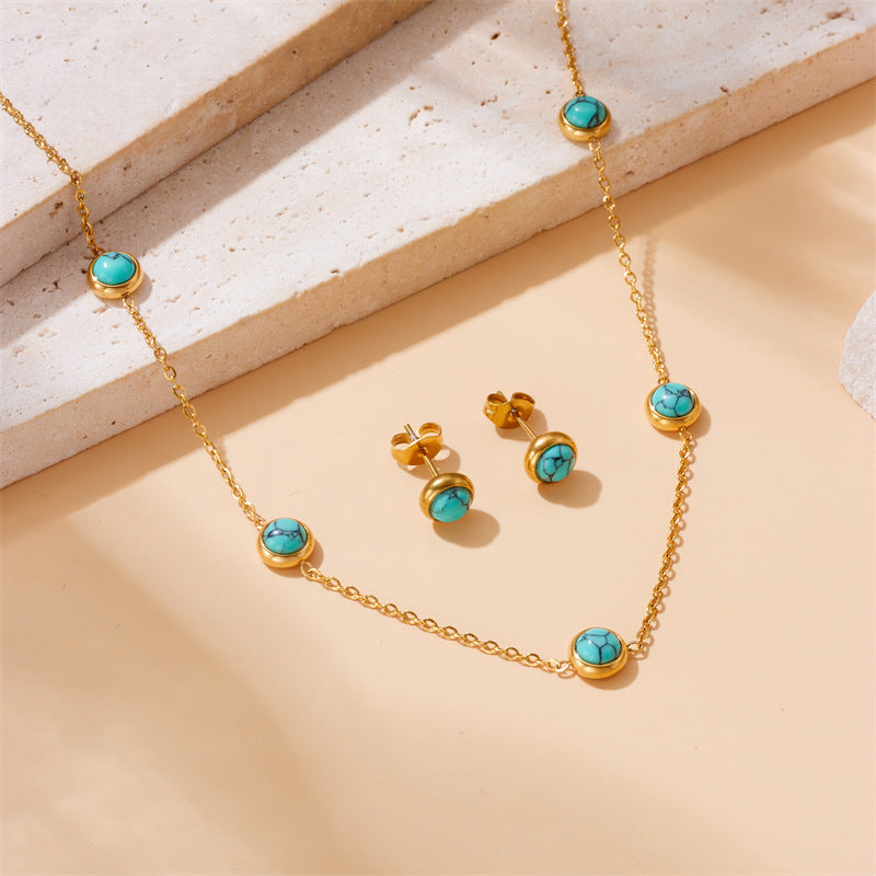 Round Turquoise Accessory Chain Earrings Stainless Steel Set