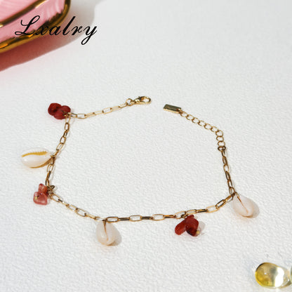 Lxairy 18K Gold Plated Shell & Red Energy Stone Anklet -Summer Beach Style Waterproof Foot Chain For Women -Hypoallergenic, Fade-Resistant, Boho Jewelry Gift