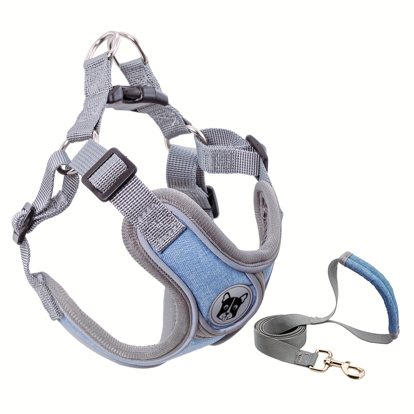 Gray Comfortable Breathable Adjustable Reflective Dog Harness Vest - Polyester, Nighttime Safety Leash Set for Small to Medium Dogs