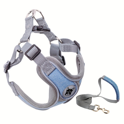 Gray Comfortable Breathable Adjustable Reflective Dog Harness Vest - Polyester, Nighttime Safety Leash Set for Small to Medium Dogs