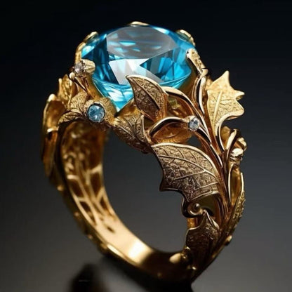 Women's Gold-Plated Ring With Alloy Inlay And Lake-Blue Center Stone
