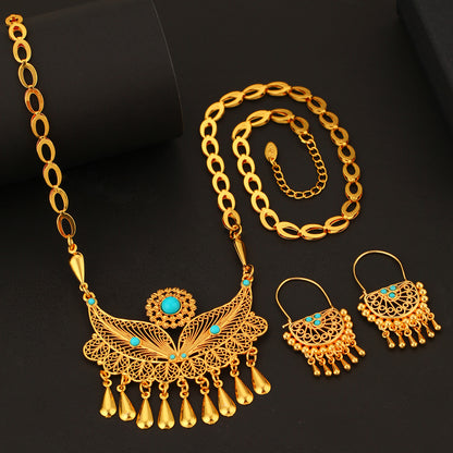 3pcs Fashionable And Personalized Water Droplet Tassel Copper Plated 18k Gold Women's Necklace And Earring Set, Suitable For Parties And Gifts, Daily Wear