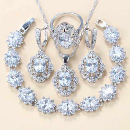 Garnet Cubic Zirconia Earrings Pendant Necklace Bracelet Ring Gift 4 PCs Set