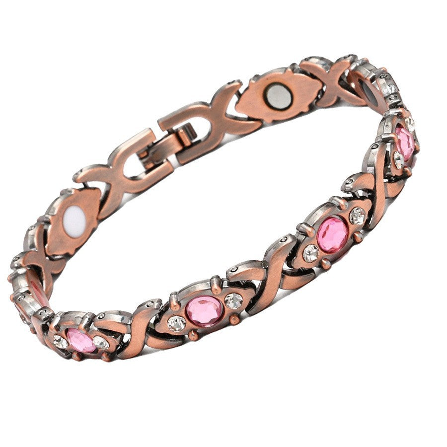 Fashionable, Light-Luxury Lucky Clover Alloy Diamond-Encrusted Single-Row Magnetic Bracelet For Women