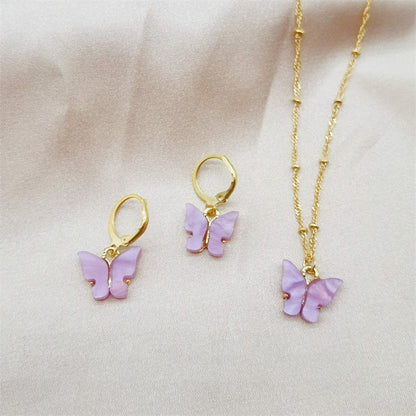 Color Acrylic Butterfly Earrings And Necklace Set