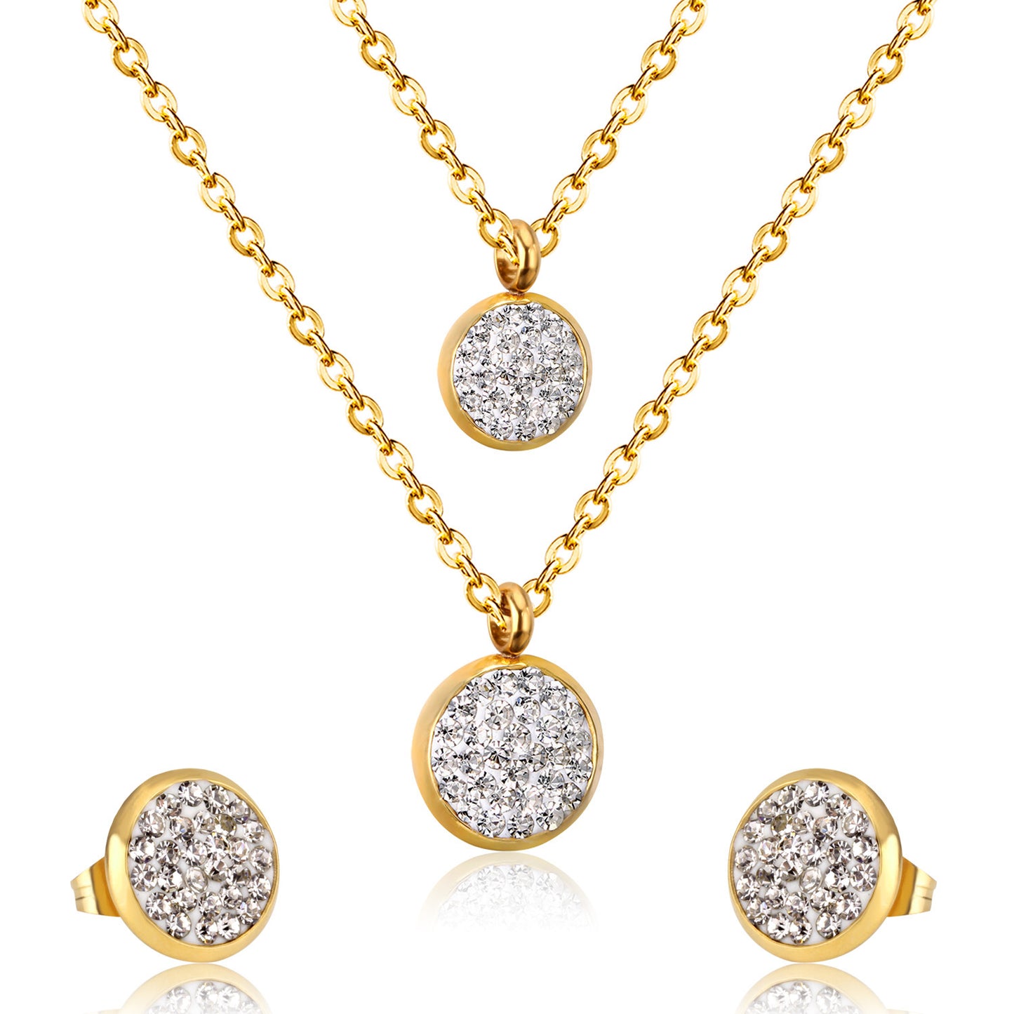 White Mud Pendant Double Chain Gold Stainless Steel Jewelry Set For Women