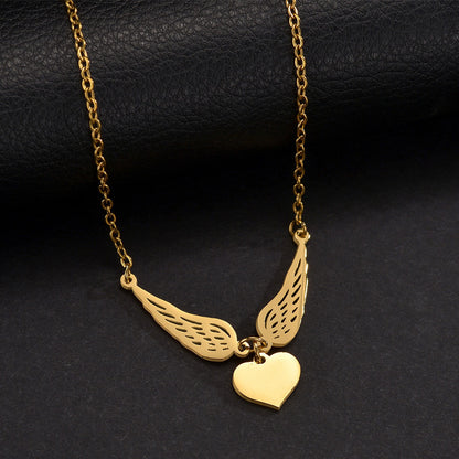 Laser-engraved Hollowed-out Wing Heart Pendant Necklace