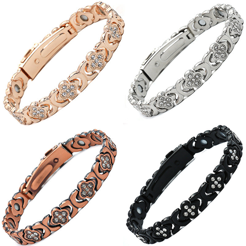 Fashionable, Light-Luxury Lucky Clover Alloy Diamond-Encrusted Single-Row Magnetic Bracelet For Women