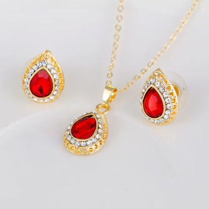 Exquisite Alloy Multi-Color Waterdrop Necklace And Earrings Jewelry Three-Piece Set