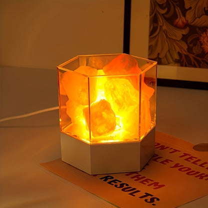 1pc Modern Himalayan Salt LED Night Light - USB-Powered Crystal Lamp with Warm Glow, Decorative Rock Salt Effect for Bedroom, Meditation & Home Ambiance, Includes Wooden Base & Adjustable Brightness, Lamp for Bedroom
