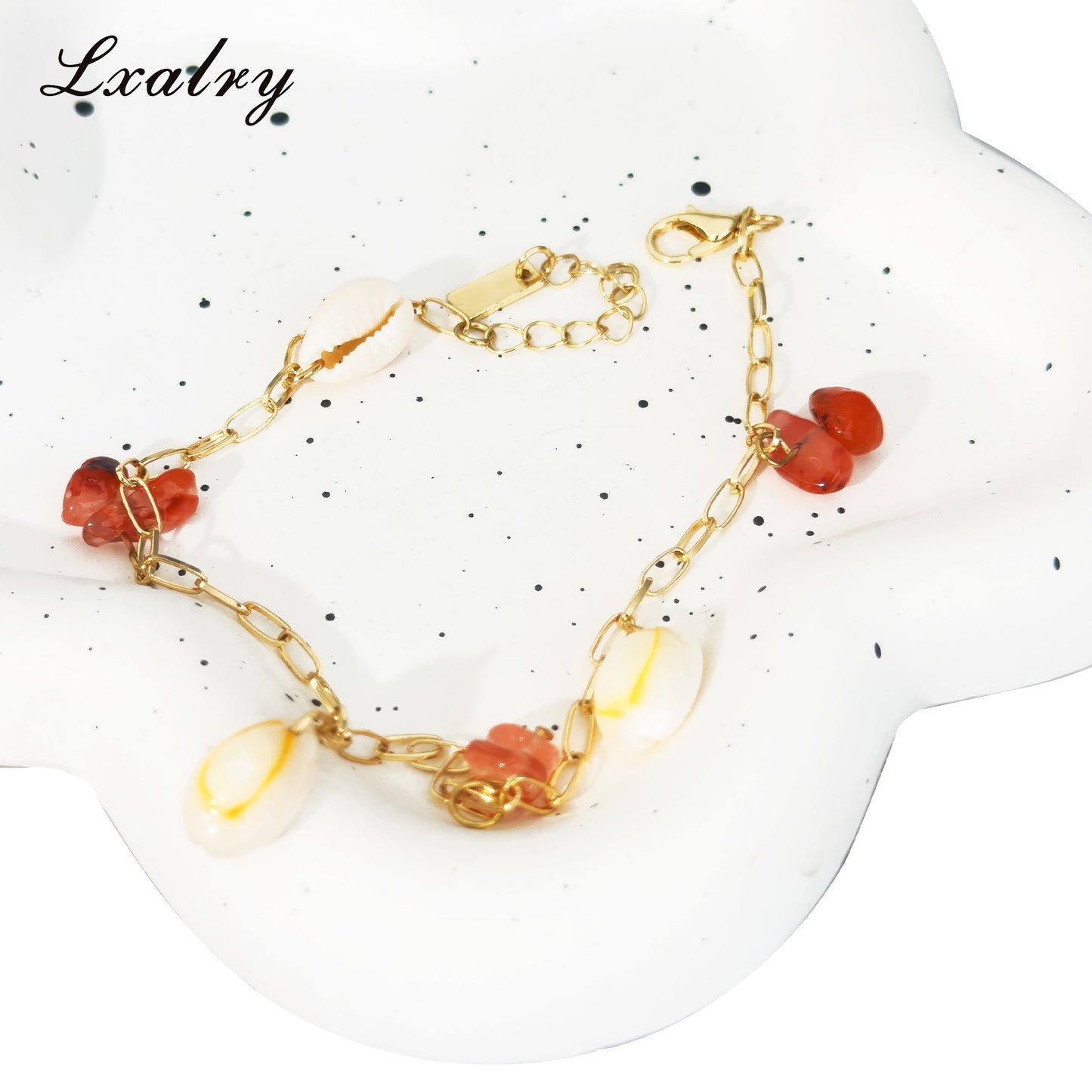 Lxairy 18K Gold Plated Shell & Red Energy Stone Anklet -Summer Beach Style Waterproof Foot Chain For Women -Hypoallergenic, Fade-Resistant, Boho Jewelry Gift